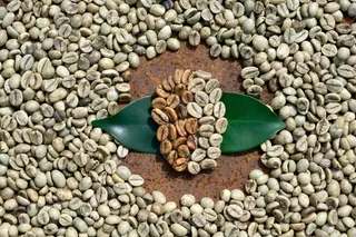 以咖啡豆为背景，以咖啡豆上的绿叶为背景