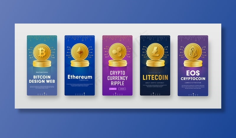 带有加密货币、比特币、以太坊、ripple、lightcoin和eos硬币的垂直横幅banner模板集。eps,ai矢量模版下载