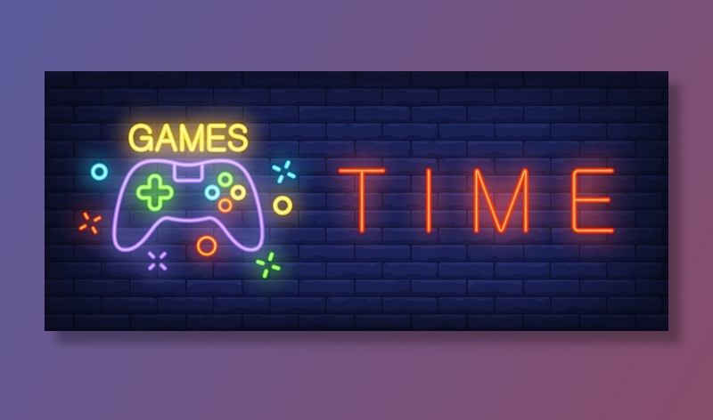 游戏时间霓虹灯文本与游戏板