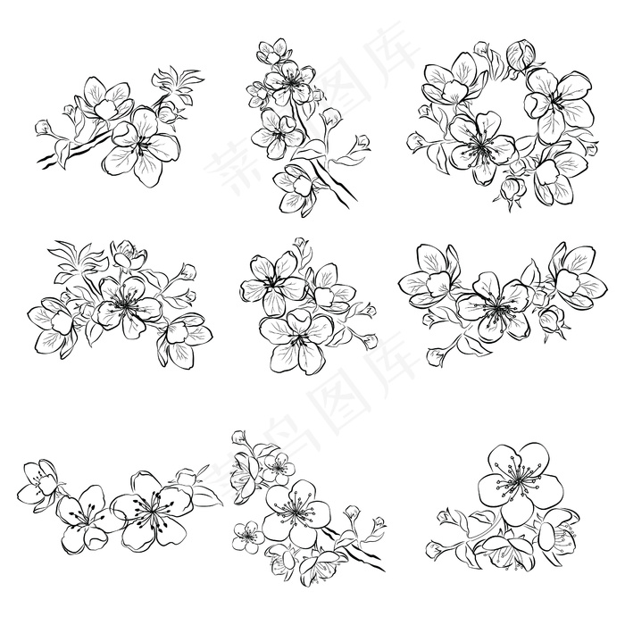 一组樱花。樱花收藏。春花黑白图。eps,ai矢量模版下载