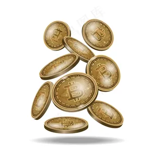 一套比特币金币数字加密币，现实的硬币图标孤立在黑色。