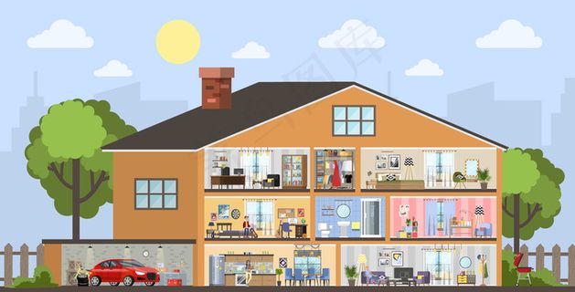 带车库的房屋建筑内部平面图。