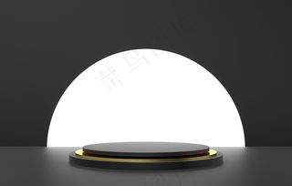 三维抽象形状和几何，黑色和金色舞台背景。