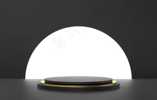 三维抽象形状和几何，黑色和金色舞台背景。