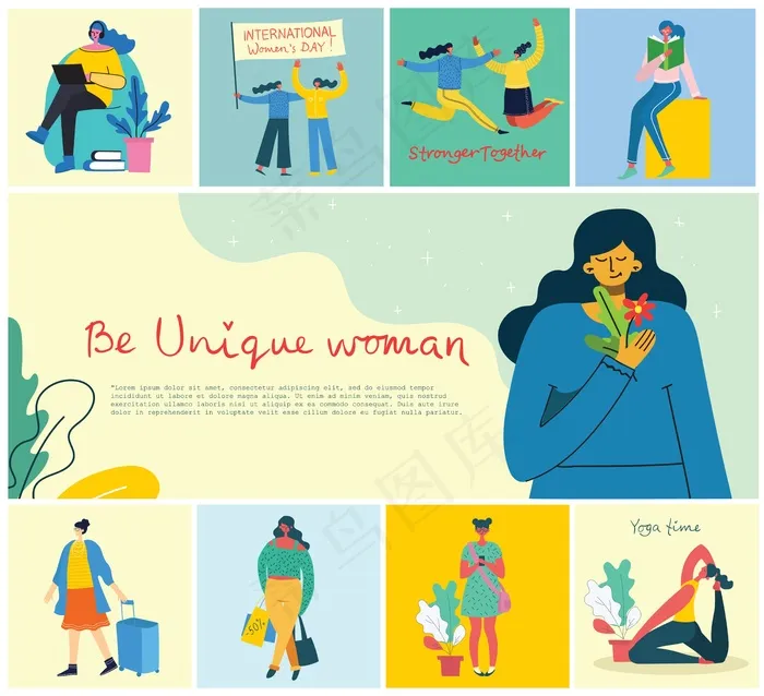 女性观念的独特背景。时尚现代矢量插画卡与快乐的女性和手绘报价是独一无二的eps,ai矢量模版下载