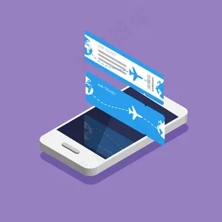 航空登机牌和智能手机等轴测时尚风格。通过应用程序在线预订飞机座位。前面和后面的票。插图。