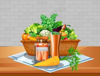 蔬菜和水果放在一个篮子里，桌子上有砖墙背景