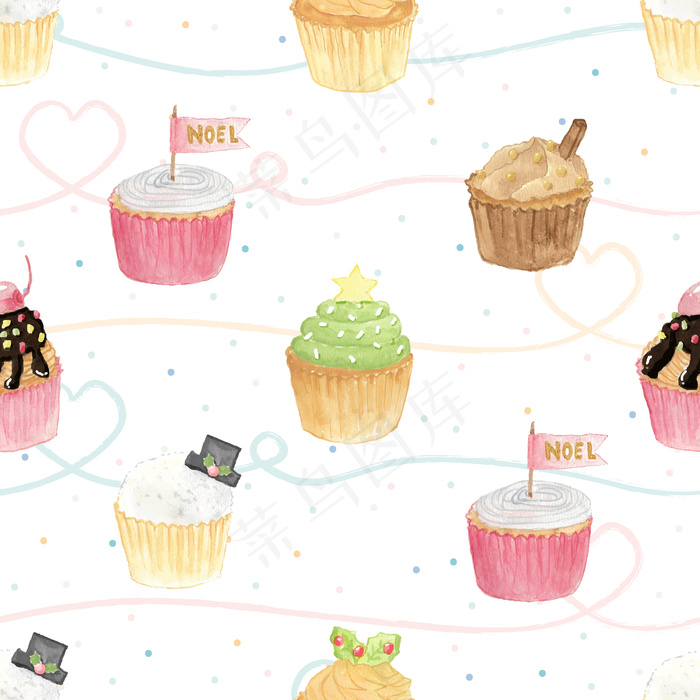 水彩圣诞纸杯蛋糕的粉彩背景无缝模式