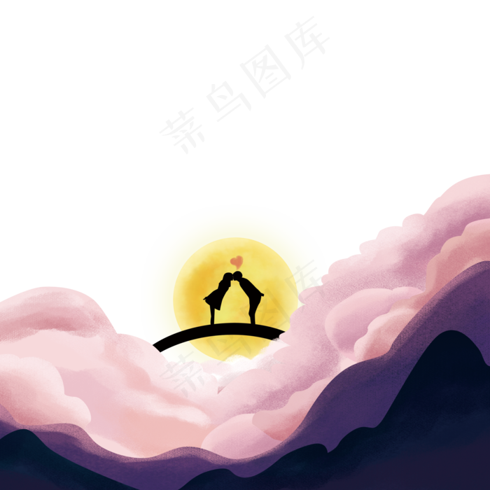 卡通小情侣在月亮上接吻