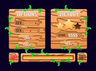 一组木制自然游戏用户界面选项，水平完整板弹出式界面，和进度条图标的gui资产元素