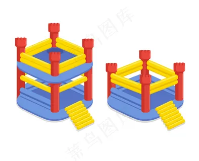 带蹦床的充气儿童城堡。在充气平台上进行游戏。游戏夏季装备。