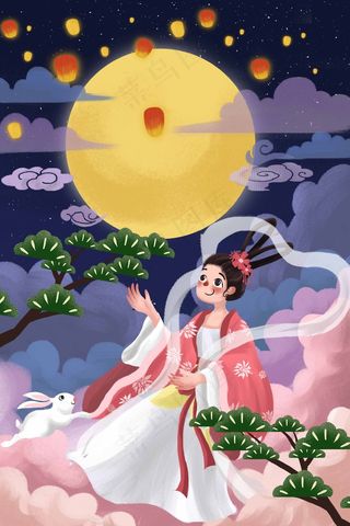 中秋节月饼兔子嫦娥传统节日月亮小清新中秋
