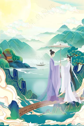 中国风国潮七夕白娘子和许仙月下诉情