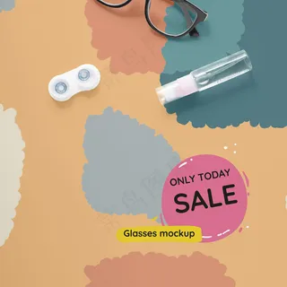 彩色背景上的俯视光学静物销售组合