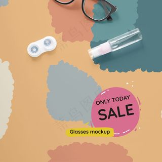 彩色背景上的俯视光学静物销售组合