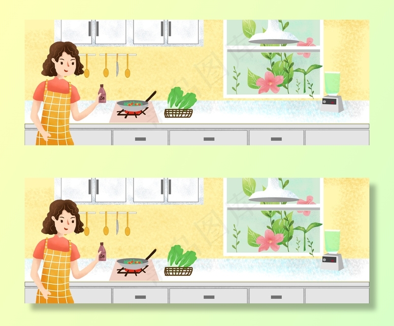 双十一家庭主妇厨具嗨购插画风背景