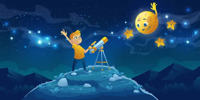 孩子们看着望远镜，好奇的小男孩向银河系黑暗夜空中友好的月亮和星星挥手致意。eps,ai矢量模版下载