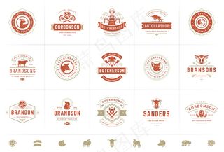 肉店标志集矢量插图适合农场或餐厅的动物和肉类徽章