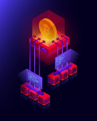 加密货币采矿场、比特币大数据处理、紫罗兰色和红色区块链等轴测概念说明
