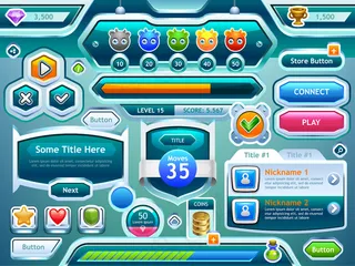 游戏界面。电脑和手机游戏的屏幕、按钮、条的示例。