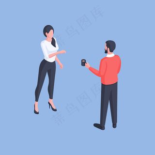 现代男女穿着时髦休闲服的等距设计，一边喝咖啡一边聊天，一边孤立地站在蓝色背景上