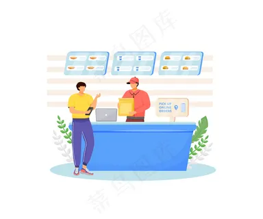 快餐店的卖家和买家都是彩色的人物。餐厅控制的在线食品订购，咖啡店收银机孤立的卡通插图为网络图形和动画