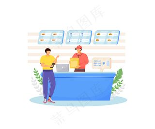 快餐店的卖家和买家都是彩色的人物。餐厅控制的在线食品订购，咖啡店收银机孤立的卡通插图为网络图形和动画