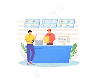 快餐店的卖家和买家都是彩色的人物。餐厅控制的在线食品订购，咖啡店收银机孤立的卡通插图为网络图形和动画