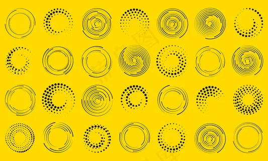 速度线成圆形。几何艺术。一套黑色粗半色调虚线。设计元素框架，标志，纹身，网页，印刷品，海报，模板，抽象背景。