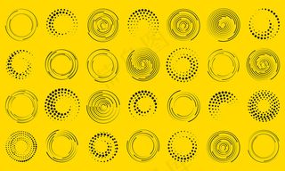 速度线成圆形。几何艺术。一套黑色粗半色调虚线。设计元素框架，标志，纹身，网页，印刷品，海报，模板，抽象背景。