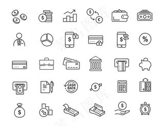 线性银行图标集。财务图标在简单的设计。