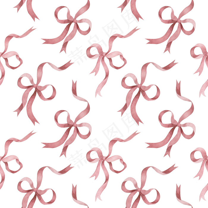 白色墙上有粉色丝带蝴蝶结的无缝图案。水彩手绘插图。