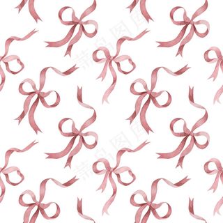 白色墙上有粉色丝带蝴蝶结的无缝图案。水彩手绘插图。
