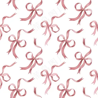 白色墙上有粉色丝带蝴蝶结的无缝图案。水彩手绘插图。