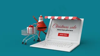 笔记本电脑和圣诞老人与购物车和礼物在三维插图隔离