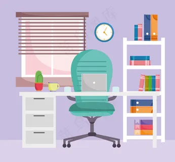 家庭办公室室内扶手椅桌笔记本电脑木制书柜配书籍插图