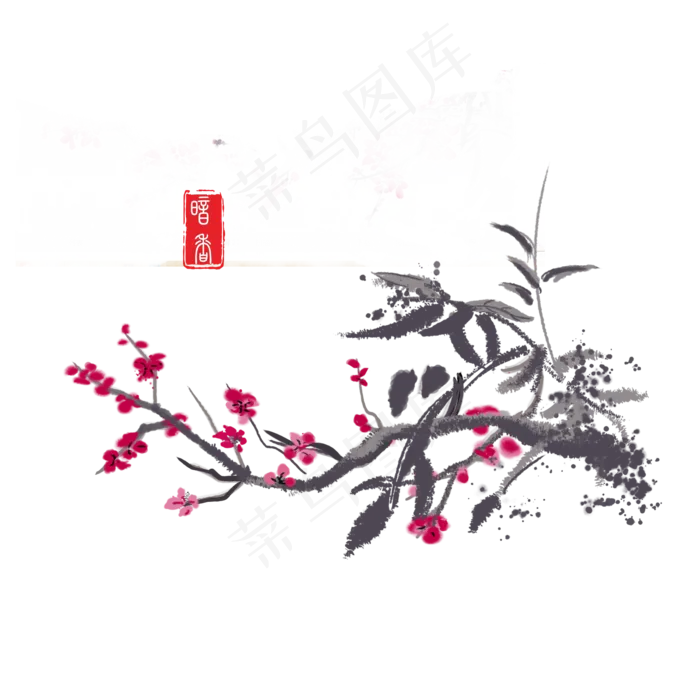 手绘国画水墨晕染开的红色梅花可(2000X2000(DPI:300))psd模版下载