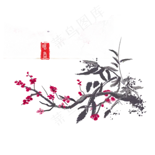 手绘国画水墨晕染开的红色梅花可