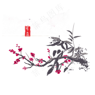 手绘国画水墨晕染开的红色梅花可
