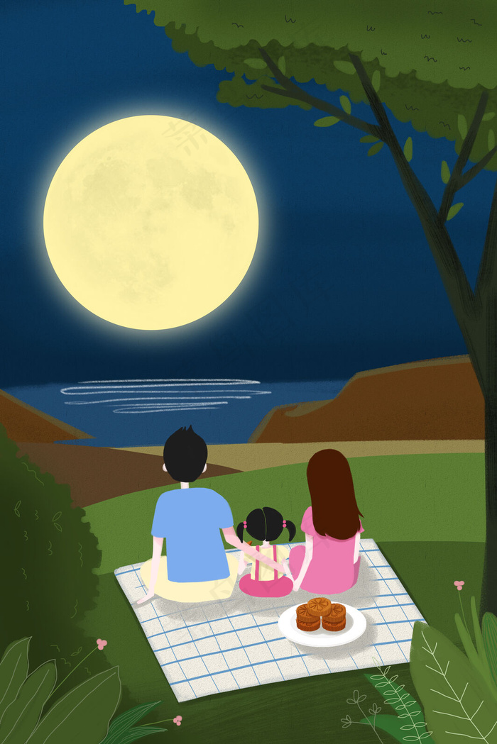 中秋节赏月小清新插画中秋