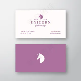 独角兽抽象女性标志或标志和名片模板。高级文具实物模型样机。现代排版和柔和的阴影。