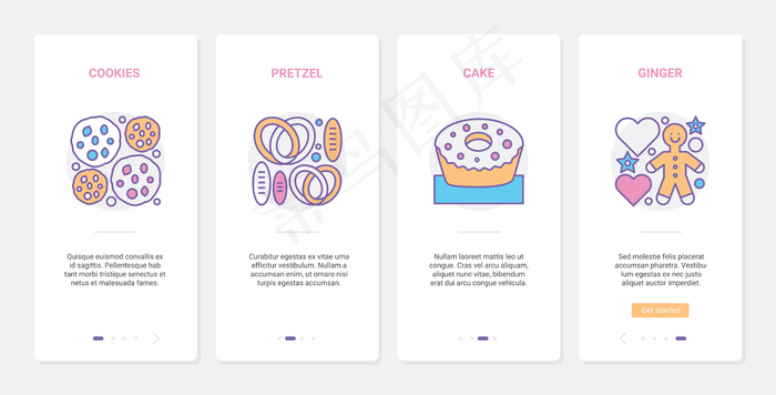 糕点店，烘焙咖啡馆食品，用户体验，用户界面上的手机app移动应用程序app页面屏幕集