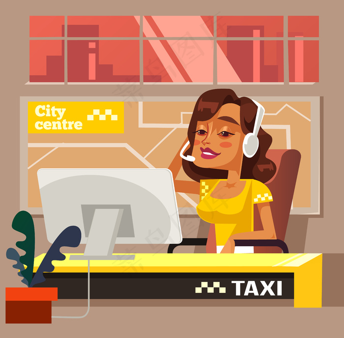 出租车呼叫中心办公室女性角色。