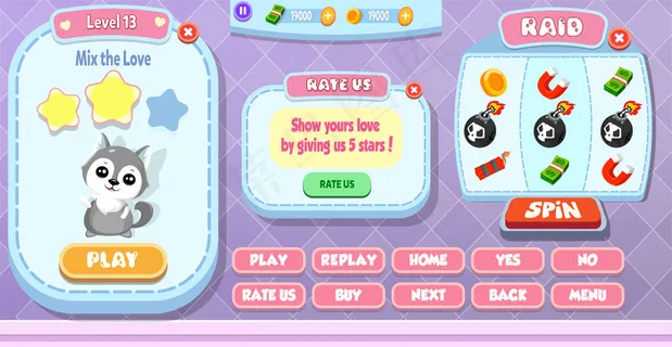 休闲卡通儿童游戏ui级完成，旋转机和费率我们菜单弹出明星，按钮和猫