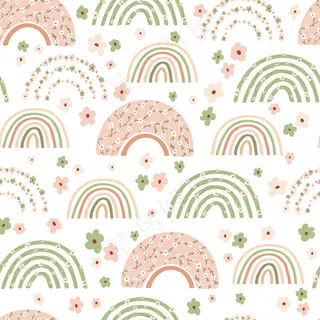 儿童的无缝模式与春天的彩虹和花卉在粉彩的颜色。