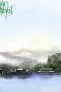 中国风夏季山水模板背景
