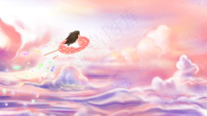 夏季夏天天空云彩女孩棒棒糖飞翔(2880*1620px 300 dpi )psd模版下载