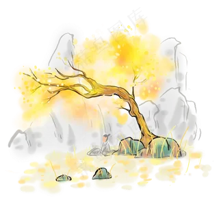 水墨山上树下休息的古人,免抠元素