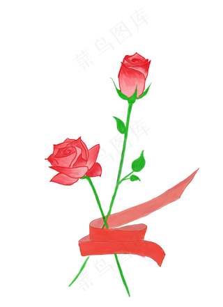 手绘红色玫瑰花红色彩带元素