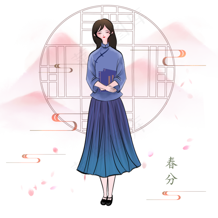 春分拿着书的小女孩,免抠元素(2000X2000(DPI:300))psd模版下载